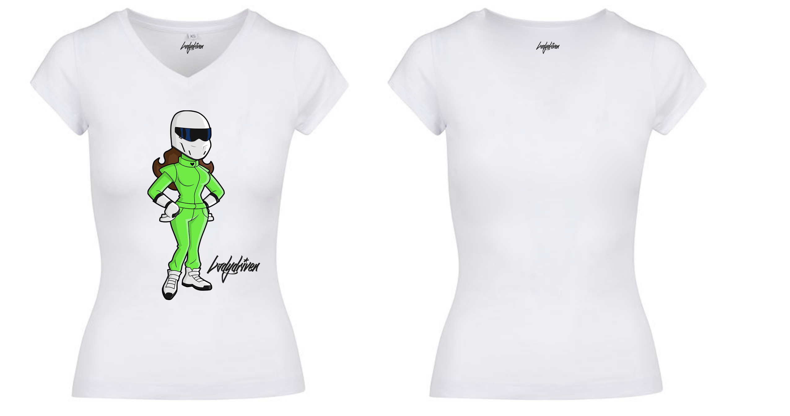 Weißes Ladydriven Racer Lady T-Shirt mit grünem Motiv, Vorder- und Rückansicht
