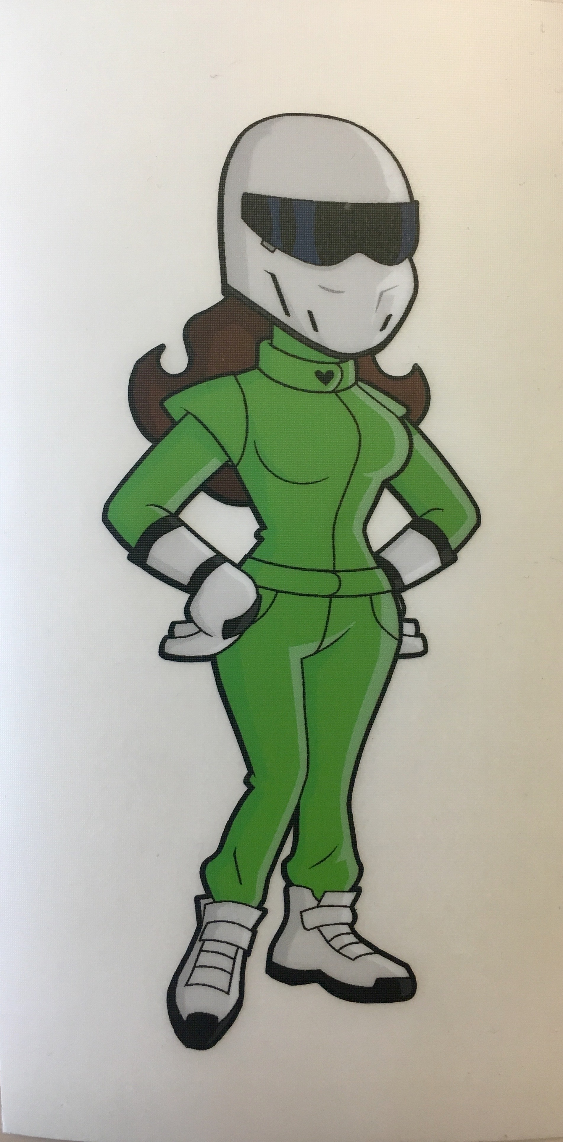 Grüner Racing Lady Aufkleber mit Rennfahrerin im Motorsportanzug und Helm