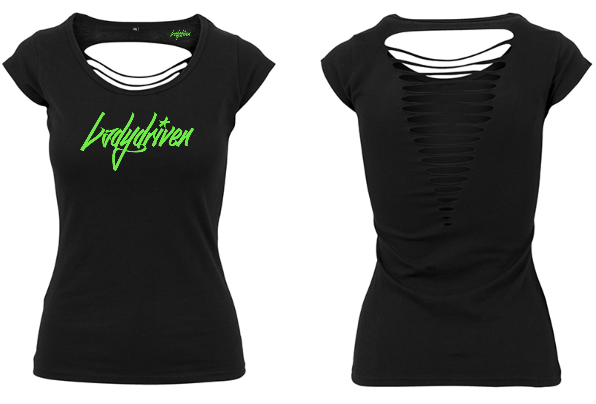 Schwarzes Ladydriven Logo T-Shirt mit grünem Schriftzug und offenem Rücken, Vorder- und Rückansicht