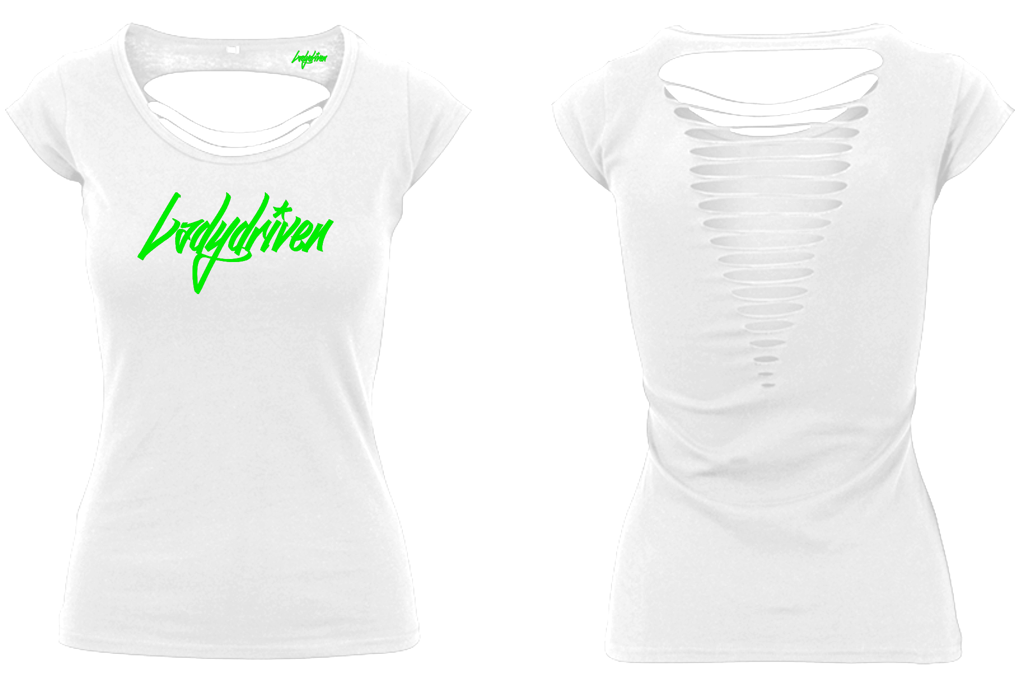 Weißes Ladydriven Logo T-Shirt mit grünem Schriftzug und offenem Rücken, Vorder- und Rückansicht