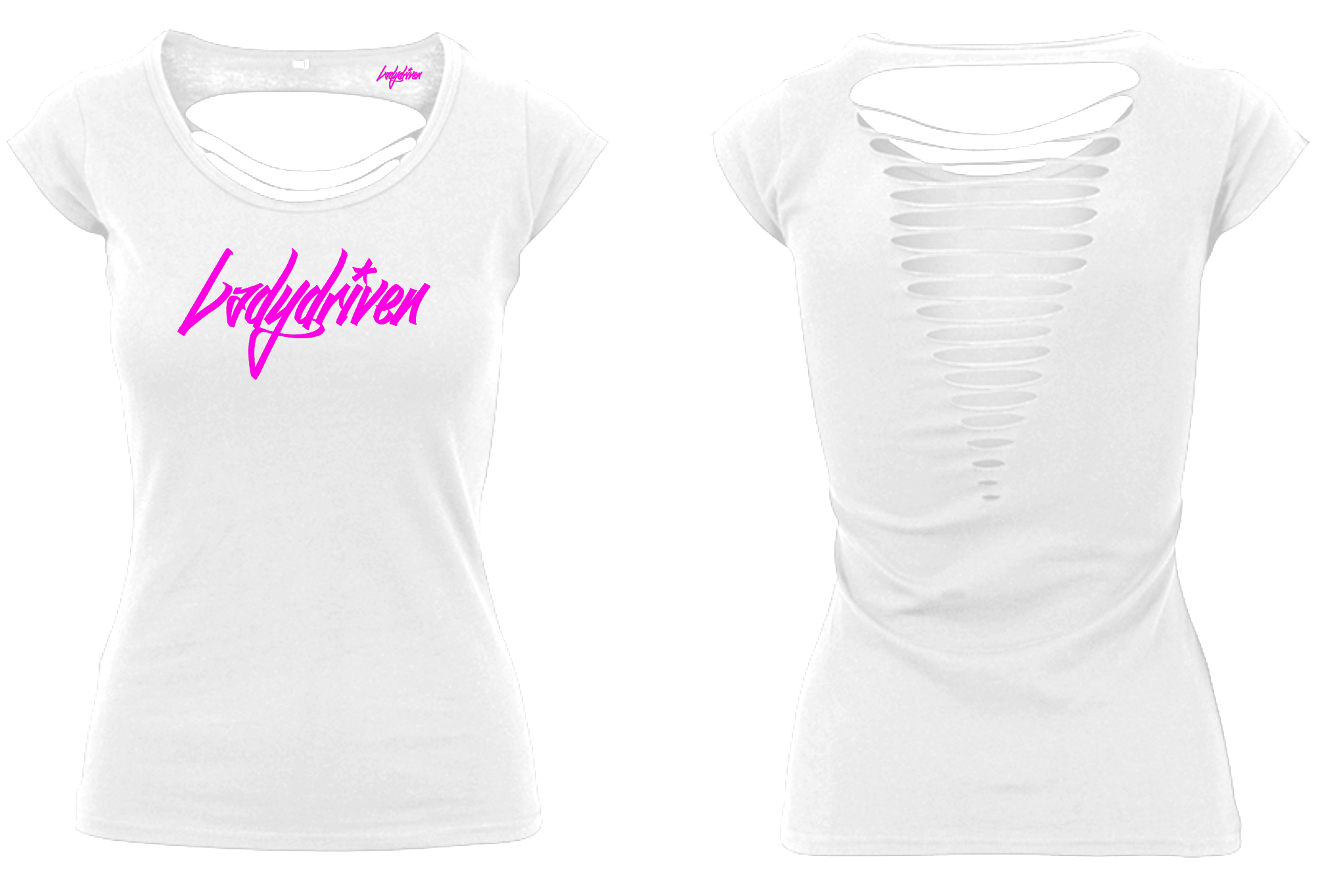 Weißes Ladydriven Logo T-Shirt mit pinkem Schriftzug und offenem Rücken, Vorder- und Rückansicht