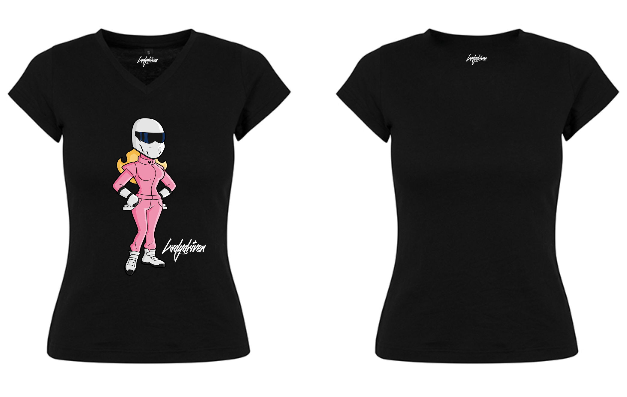 Schwarzes Ladydriven Racer Lady T-Shirt mit pinkem Motiv, Vorder- und Rückansicht